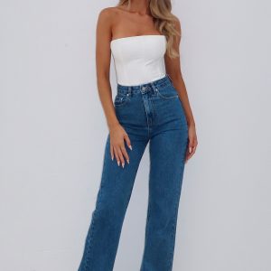 Long Way To Go High Rise Straight Leg Jeans Cobalt Blue Wash