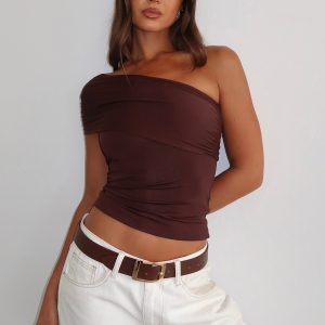 Don't Worry About It One Shoulder Top Chocolate