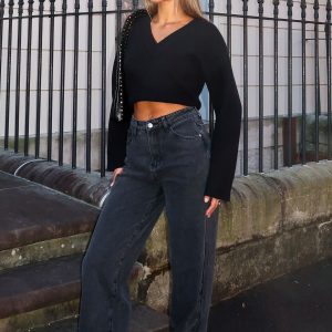 Bring The Style High Rise Wide Leg Jeans Black Acid