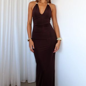 Waste A Moment Halter Maxi Dress Chocolate
