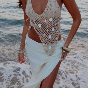 Keep On Wishing Halter Crochet Top Sand