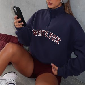 Let The Bells Ring Cropped Quarter Zip Sweater Navy